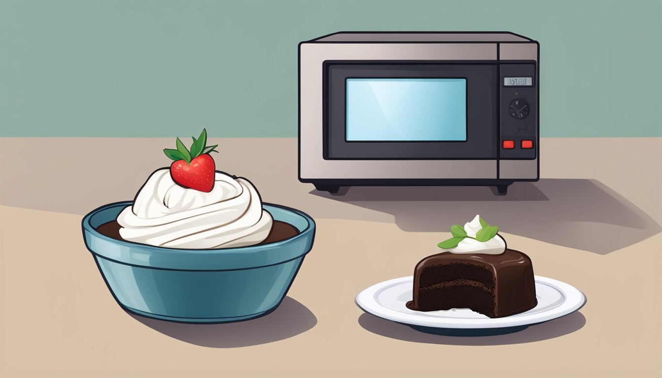 A chocolate lava cake placed on a microwave-safe plate, with a microwave in the background and a small bowl of whipped cream on the side