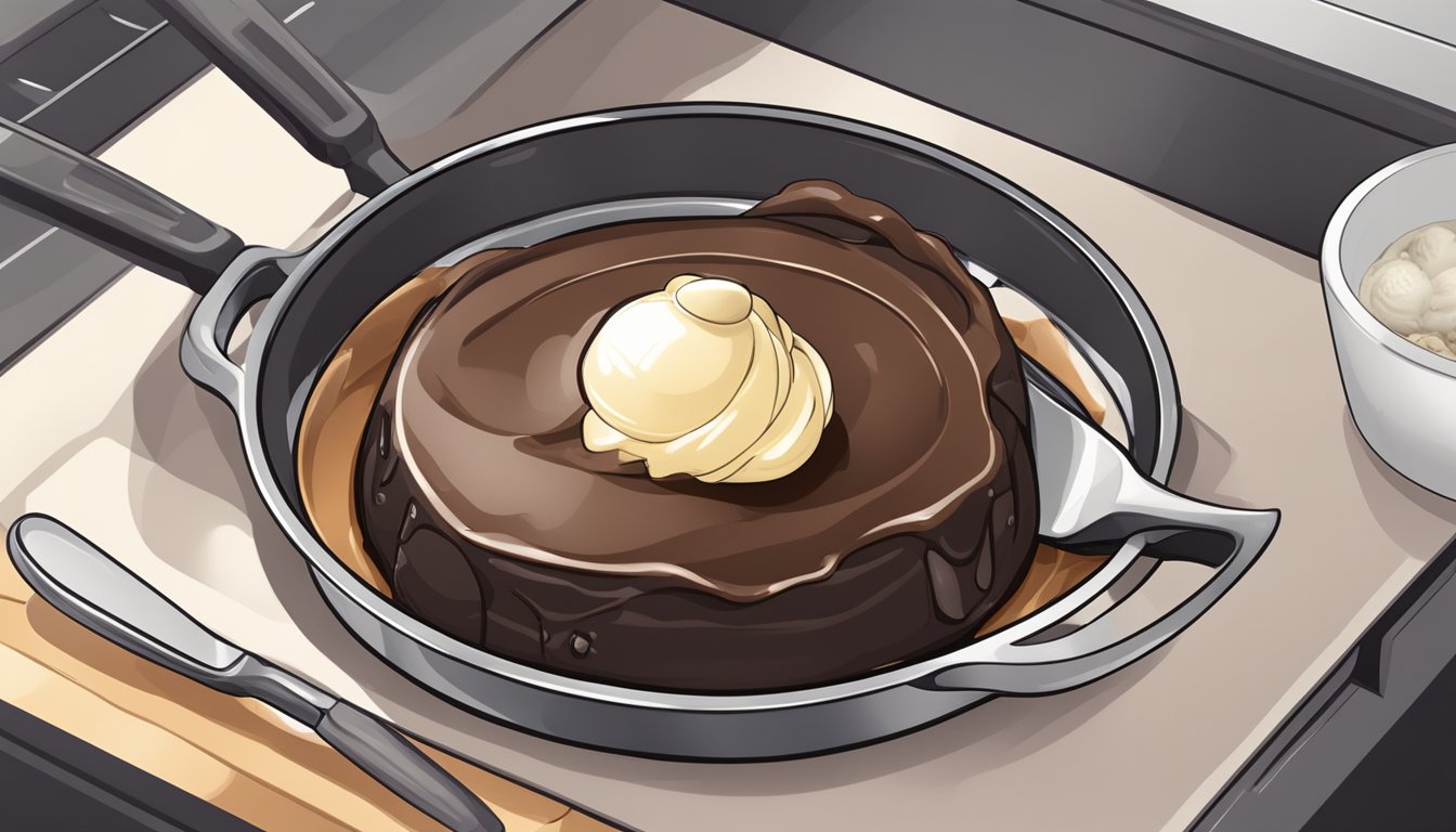 A chocolate lava cake being gently reheated in the oven, with a scoop of vanilla ice cream placed on the side