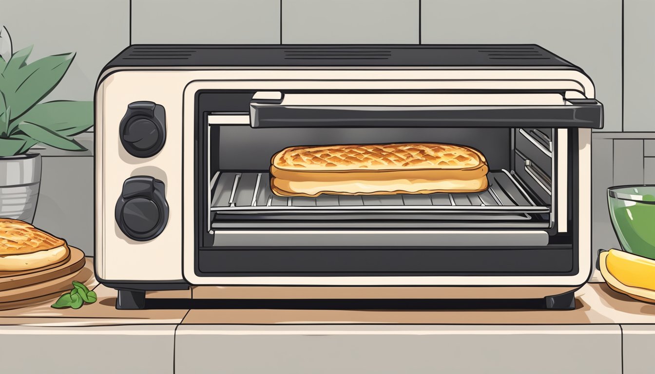 A croque monsieur being reheated in a toaster oven