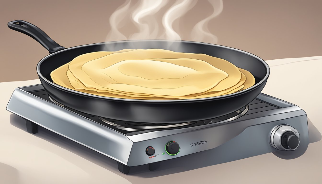 A crepe sizzling on a stovetop skillet, steam rising as it reheats