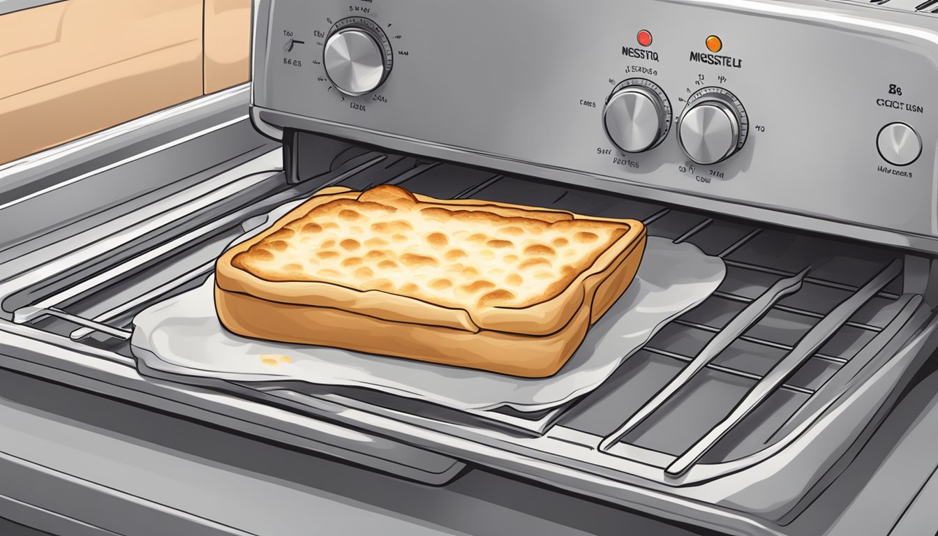 A croque monsieur being reheated in a toaster oven on a baking sheet