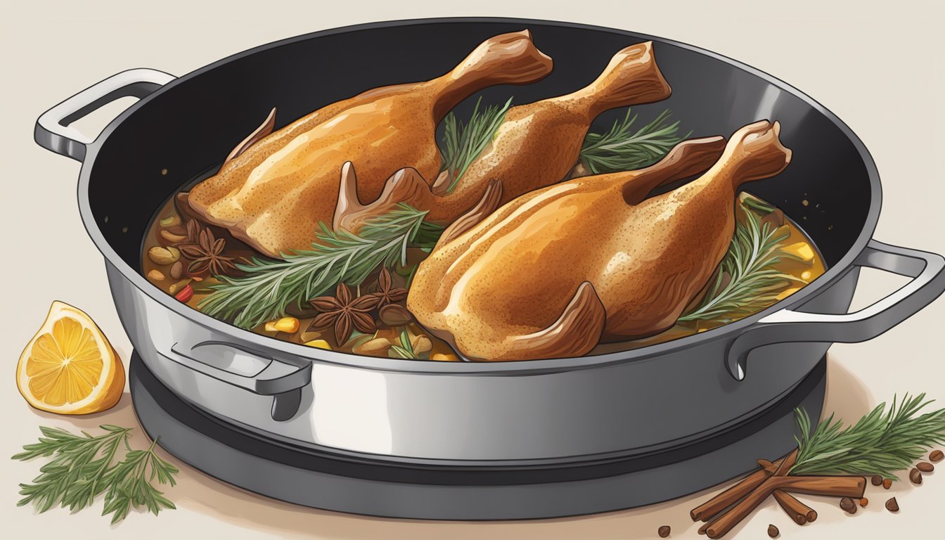 A sizzling skillet with a golden-brown duck leg being gently reheated over a low flame, surrounded by fragrant herbs and spices