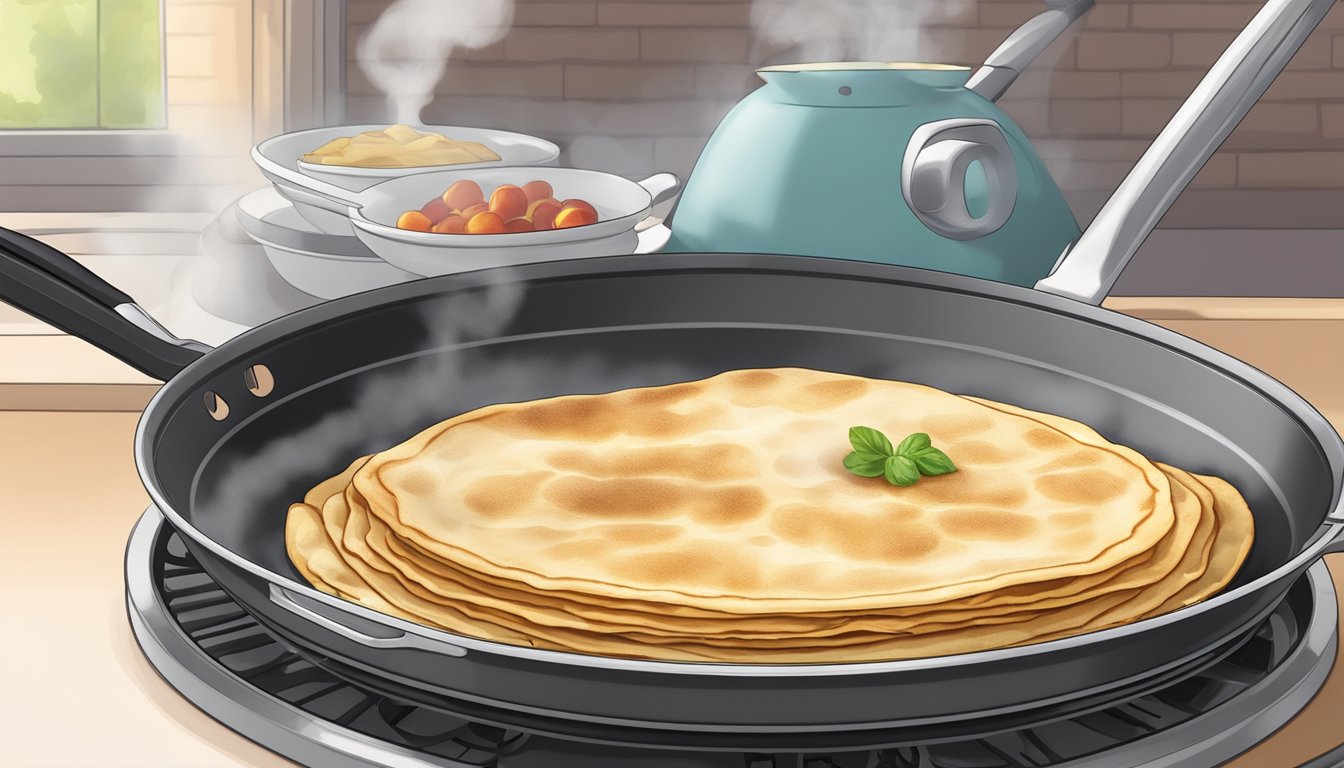 A plate of crepes being heated on a non-stick pan over a low flame, with steam rising from the crepes as they warm up