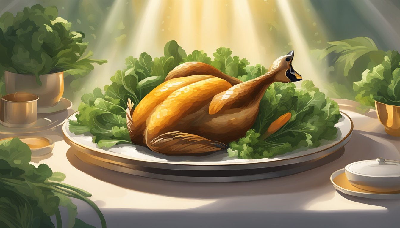 A steaming plate with a golden-brown duck leg resting on a bed of greens, surrounded by a halo of rising heat