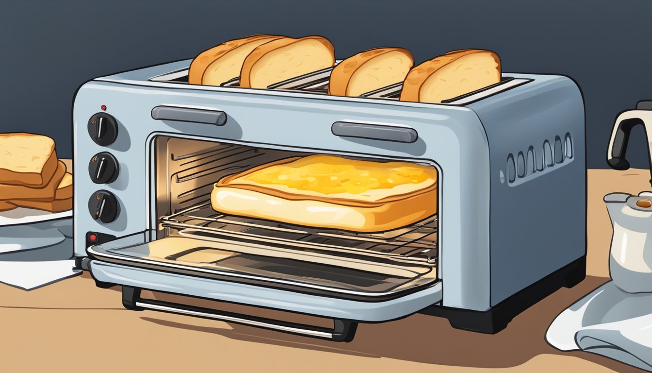 A croque monsieur being reheated in a toaster oven