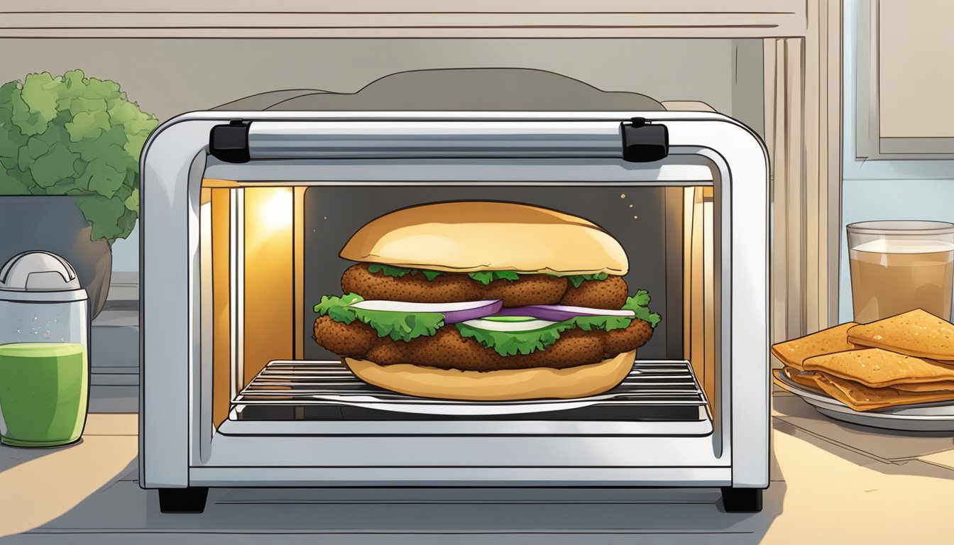 A falafel pita sandwich sits wrapped in foil on a plate, next to a toaster oven. Steam rises as the sandwich is reheated