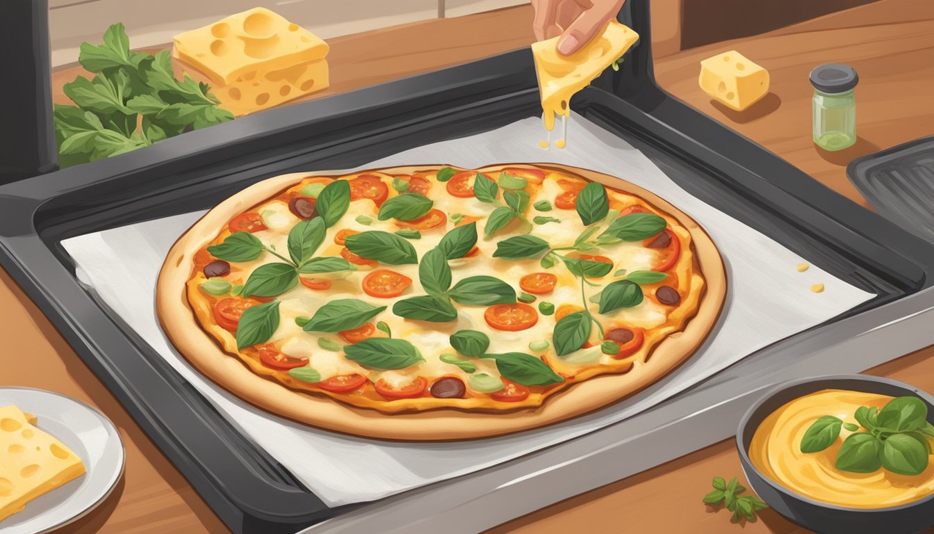 A flatbread pizza is being reheated in a preheated oven, with the cheese melting and the crust crisping up. A sprinkle of fresh herbs and a drizzle of olive oil are being added to enhance the flavor