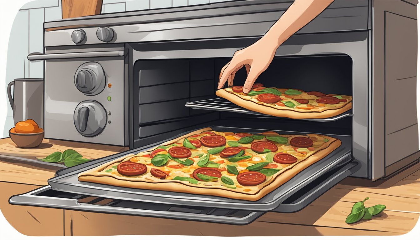 A hand reaching into an oven to remove a golden-brown flatbread pizza on a baking sheet