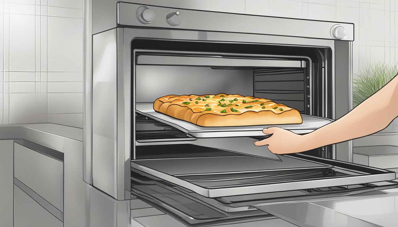 A slice of focaccia being placed on a baking sheet inside a preheated oven