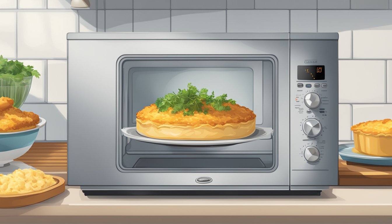 A microwave next to an oven, with a steaming fish pie on a plate