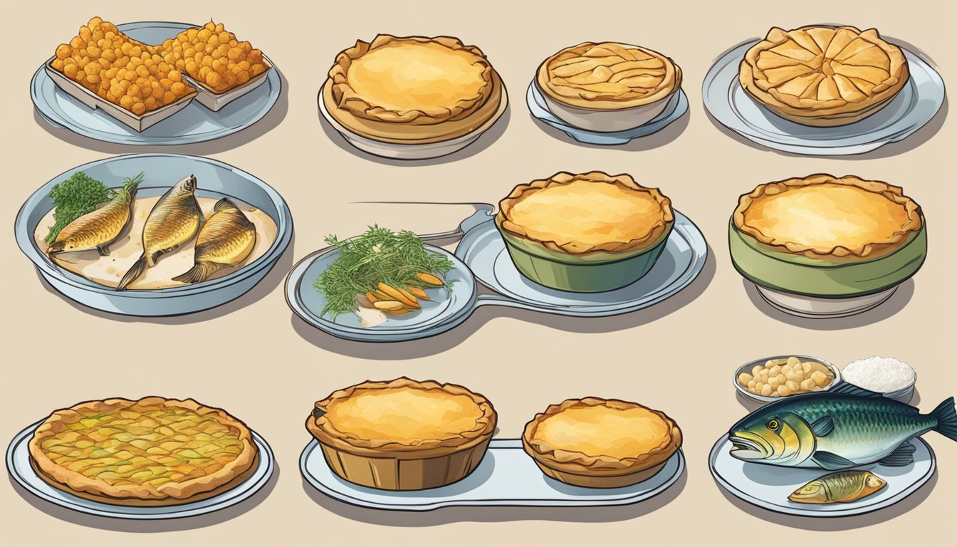 A variety of fish pies arranged on a table with different heating methods displayed next to them