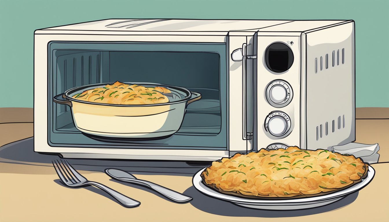 A microwave with a steaming fish pie on a plate, a fork beside it