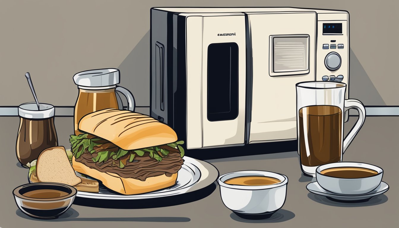 A French dip sandwich on a plate next to a microwave and a small bowl of au jus for reheating