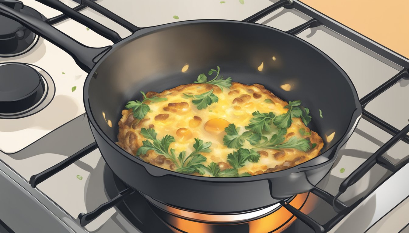 A frittata sizzling in a skillet on a stovetop, steam rising as it heats up. A spatula is nearby, ready to flip and serve