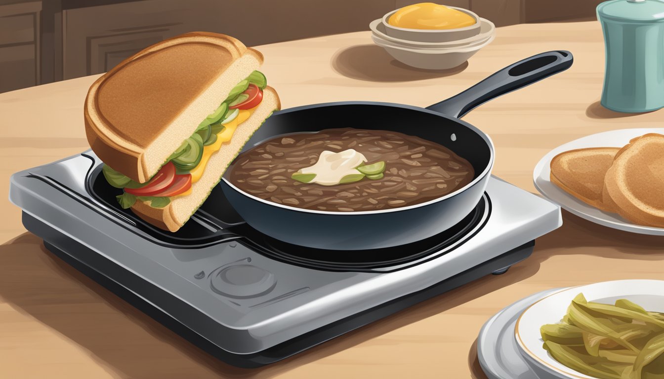 A stovetop with a skillet heating a French dip sandwich