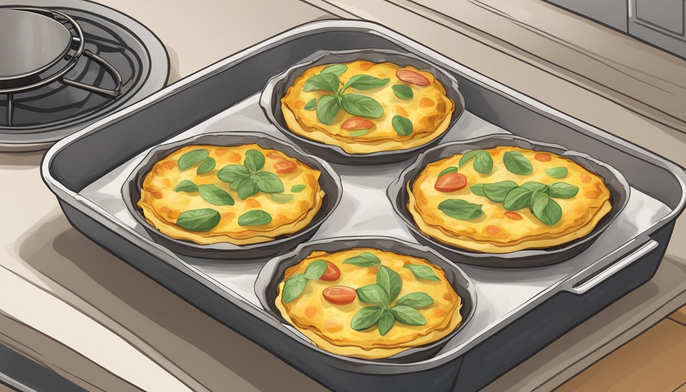 A frittata is being reheated in a preheated oven, placed on a baking sheet lined with parchment paper, and set on the middle rack