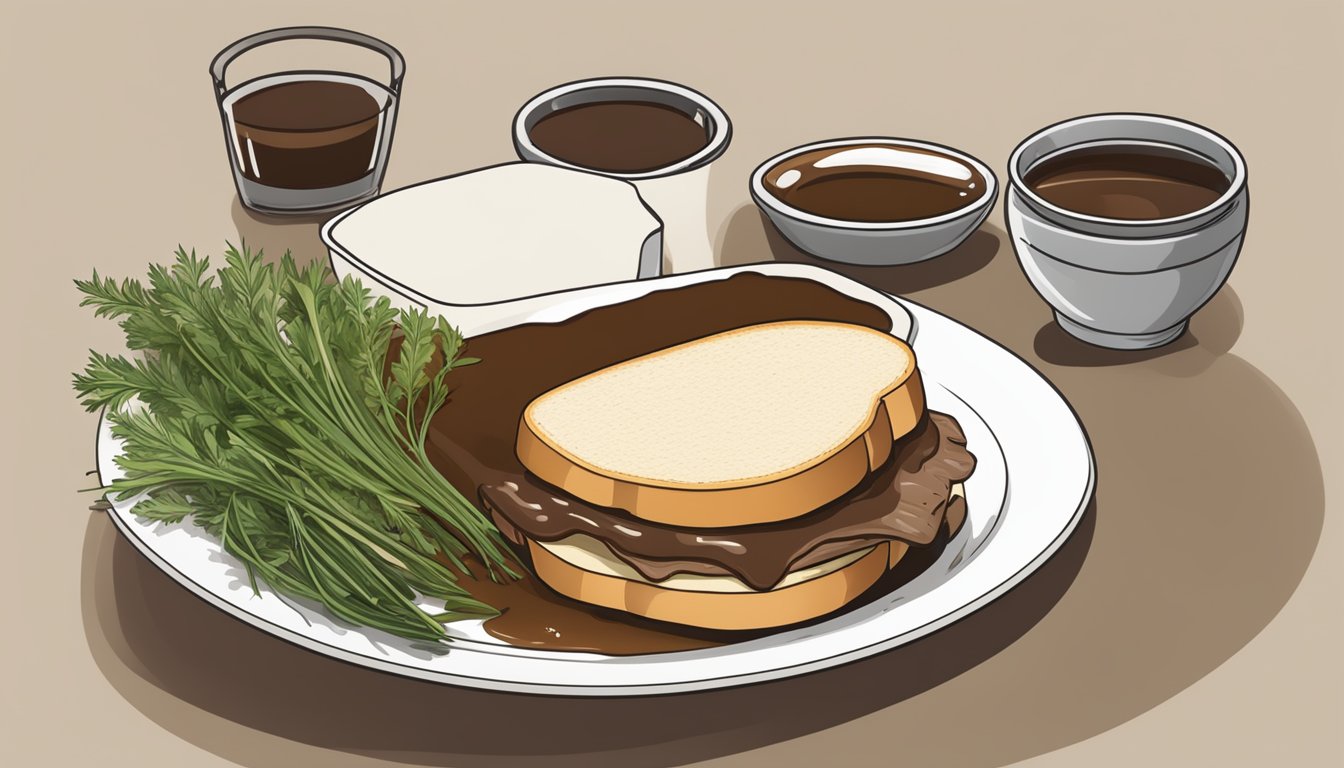 A plate with a reheated French dip sandwich, au jus dipping sauce on the side, and a sprinkle of fresh herbs for garnish