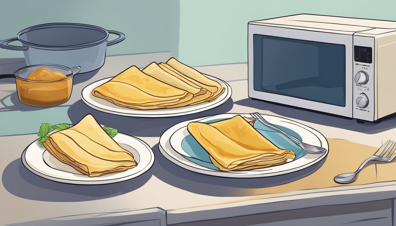 A variety of crepes arranged on a plate, with a microwave and skillet nearby for reheating