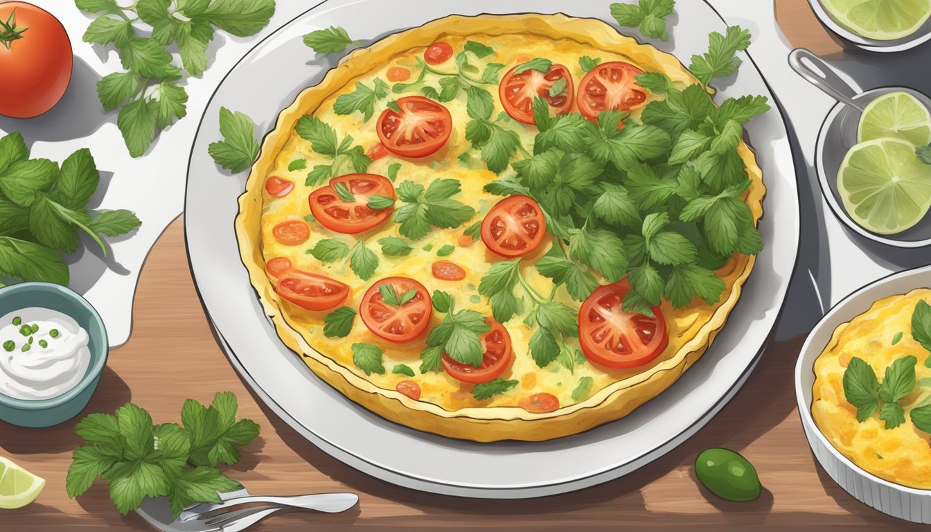 A frittata being carefully transferred onto a white serving platter with a garnish of fresh herbs and a side of sliced tomatoes