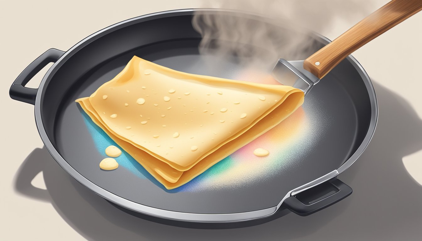 A crepe being gently reheated on a non-stick pan, with a spatula ready to flip. A light steam rises from the crepe as it warms up