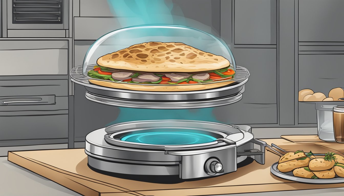 A gyro being placed in a preheated oven on a baking sheet. The oven door is closed, and the gyro is left to reheat