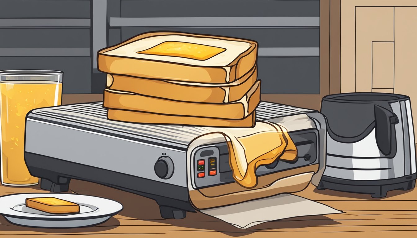 A grilled cheese sandwich wrapped in foil sits on a plate next to a toaster oven. The sandwich is being reheated, emitting a warm, enticing aroma