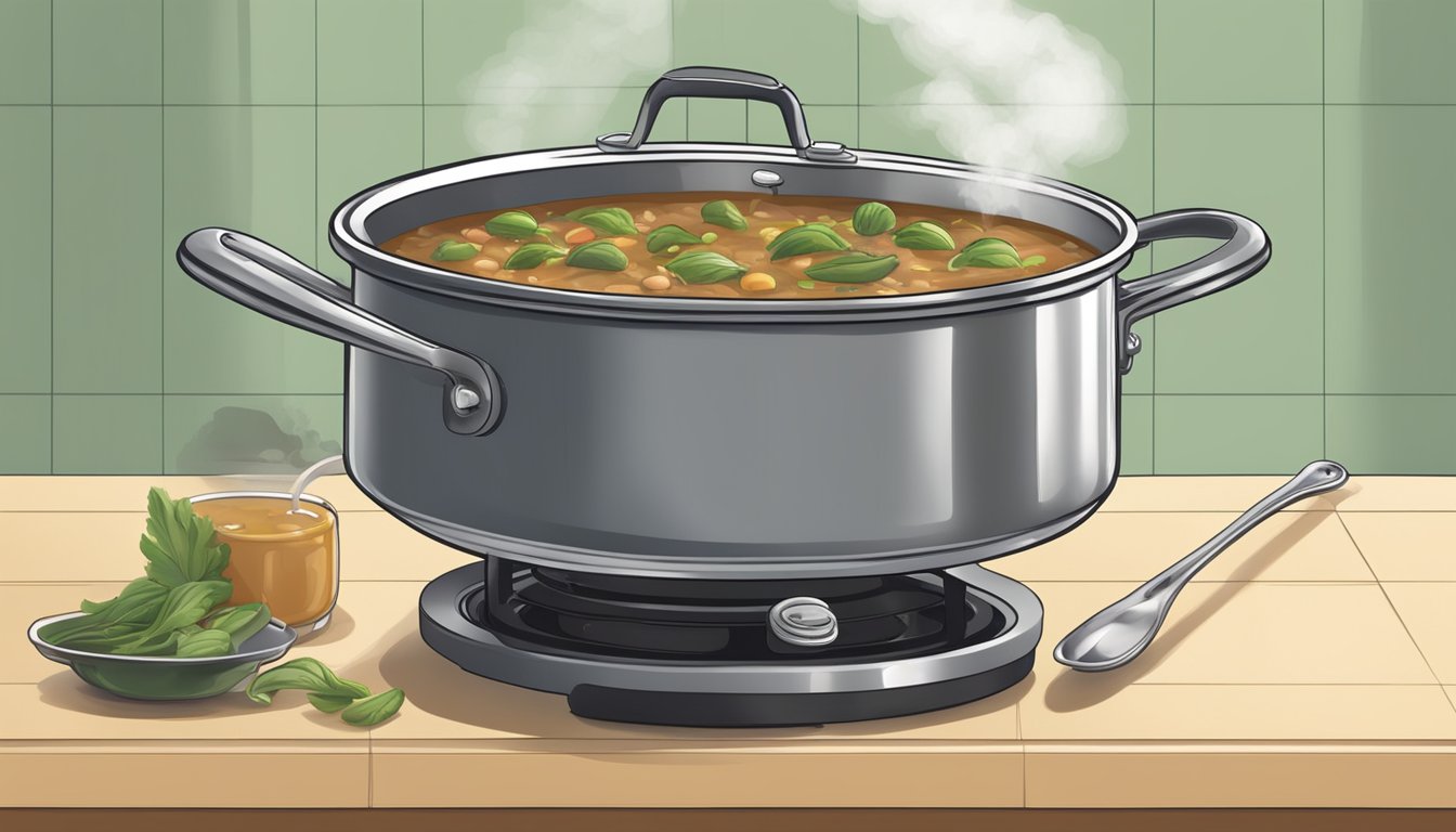 A pot of gumbo sitting on a stovetop, with a ladle resting in the pot and steam rising from the surface