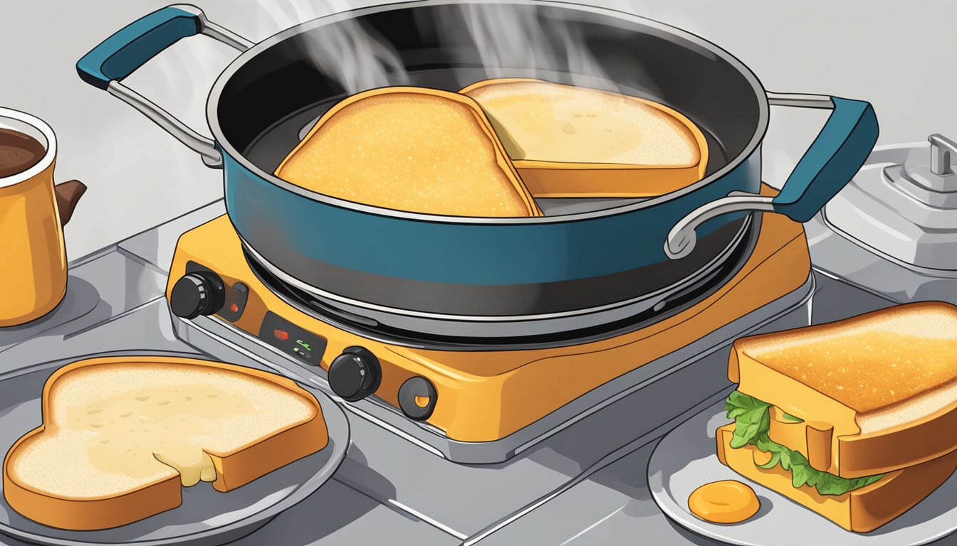 A grilled cheese sandwich being placed in a pan next to a pot of steaming soup on a stovetop