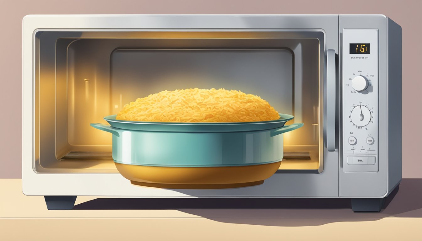 A steaming dish of kugel sits in a microwave, with the door closed and the timer counting down