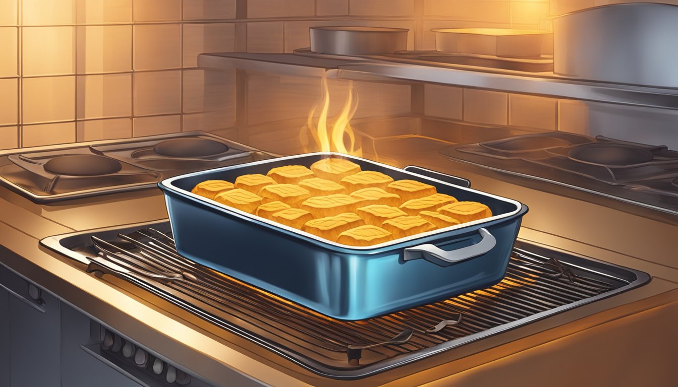 A kugel sits in a baking dish inside a preheated oven, surrounded by the warm glow of the heating coils