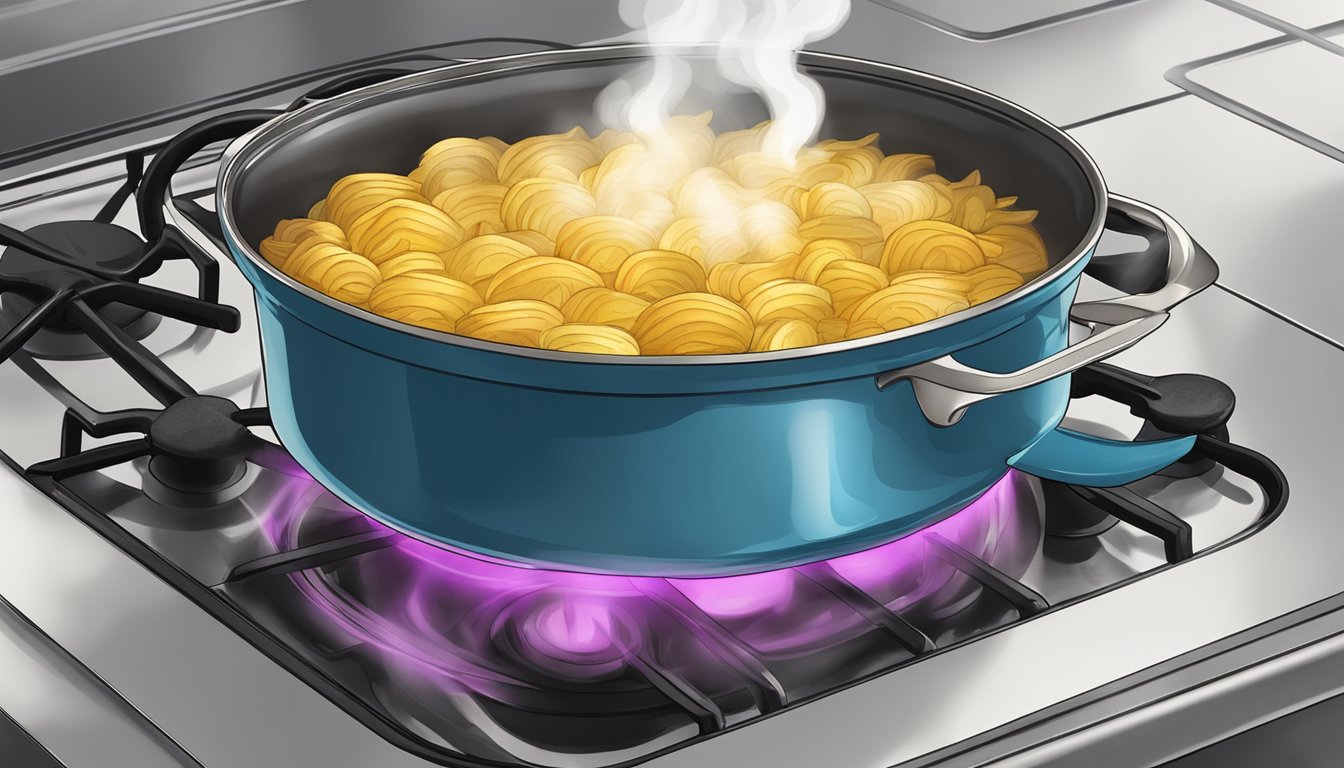 A pot of kugel sits on a stovetop, with steam rising from the dish as it heats up