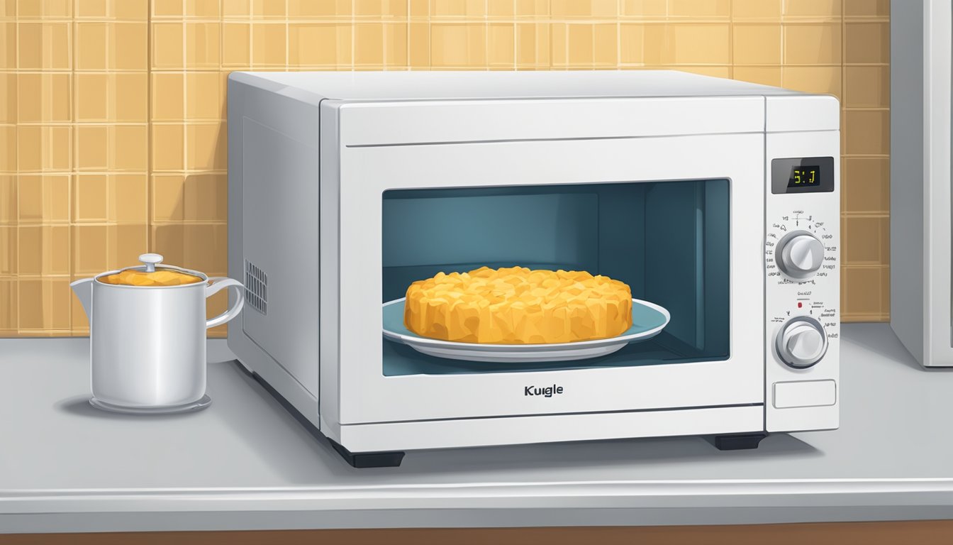 A kugel sits on a microwave-safe plate inside the microwave, with the microwave door closed and the timer set