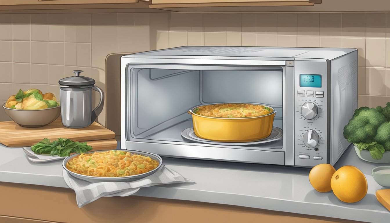 A microwave, oven, and stovetop surround a steaming kugel on a serving dish, with a timer next to the microwave