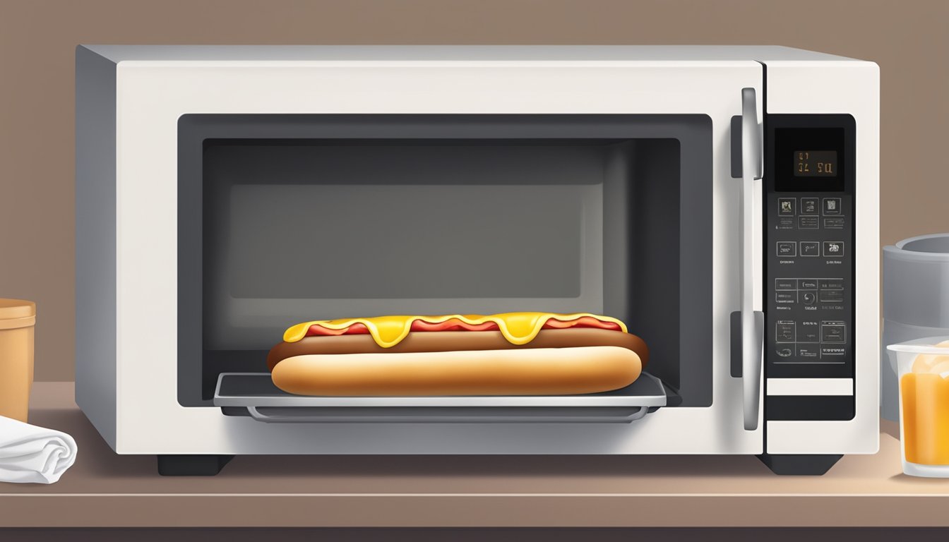 A hot dog bun being warmed in a microwave on a plate with a damp paper towel covering it