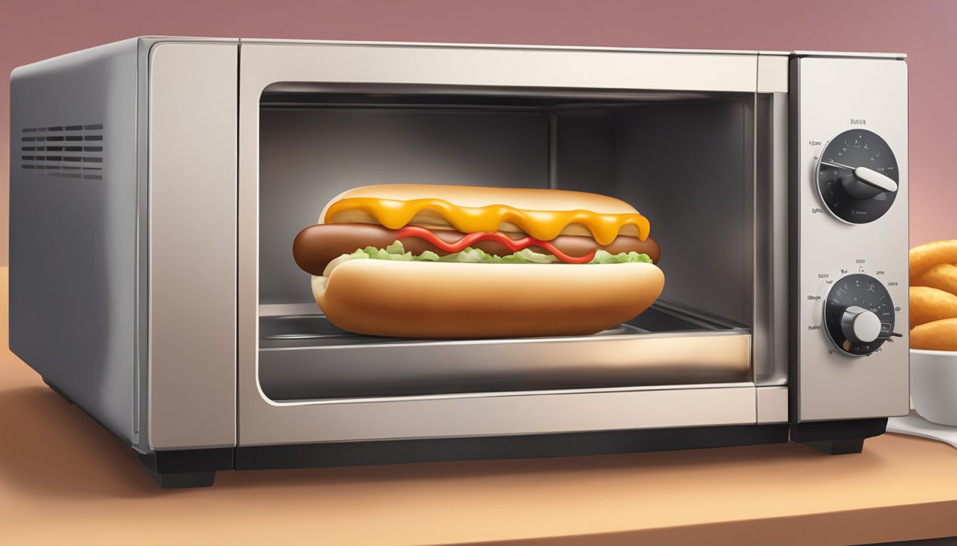 A hot dog and bun sit inside a microwave, with steam rising from the hot dog and the bun appearing soft and warm