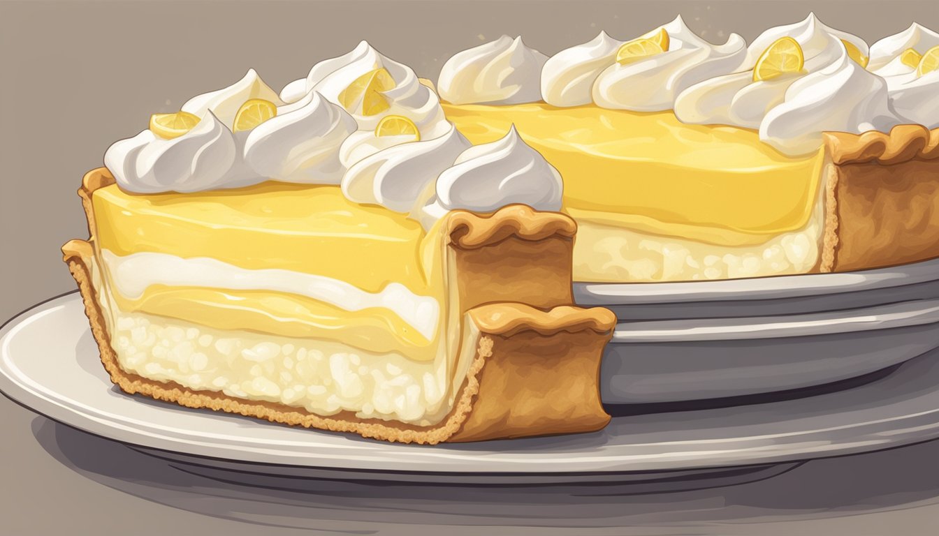 A slice of lemon meringue pie being gently warmed in an oven, with the golden meringue topping starting to brown and the lemon filling becoming soft and gooey