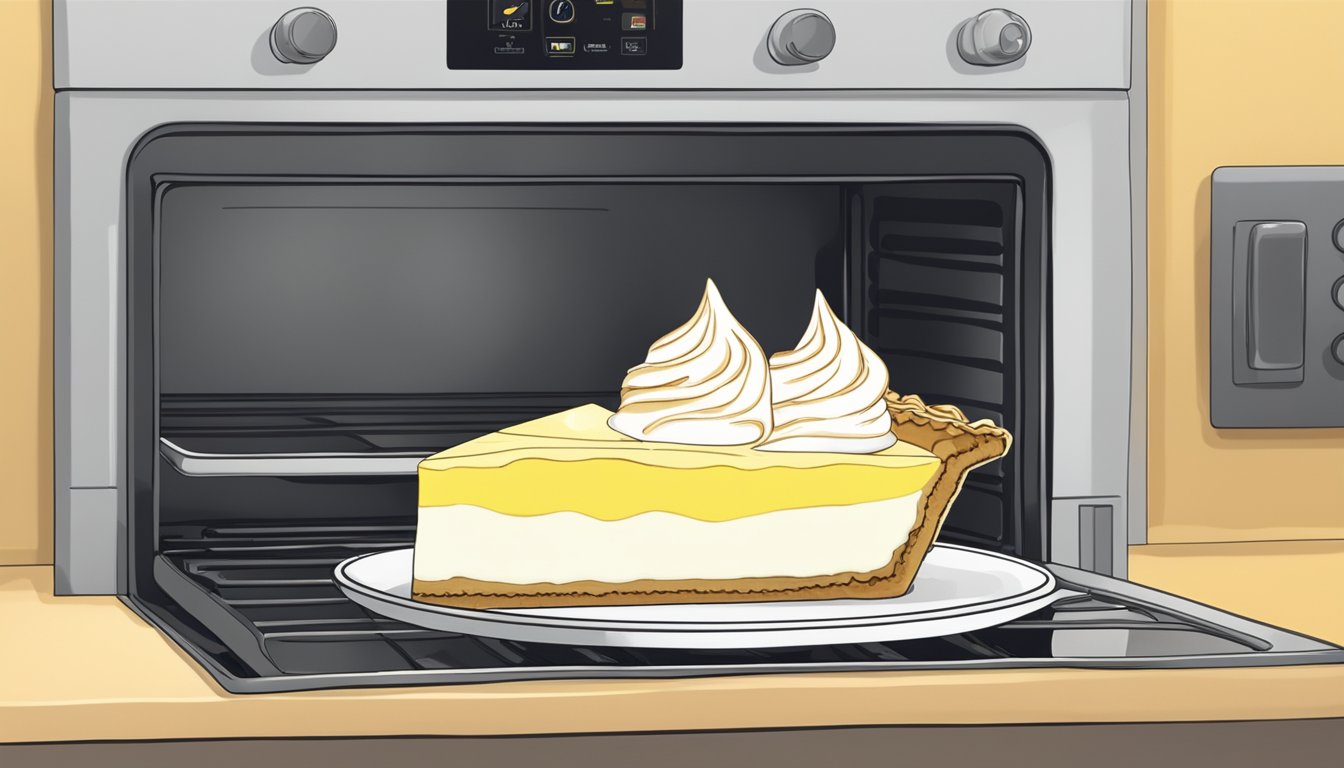 A slice of lemon meringue pie on a plate, being placed in the oven for reheating