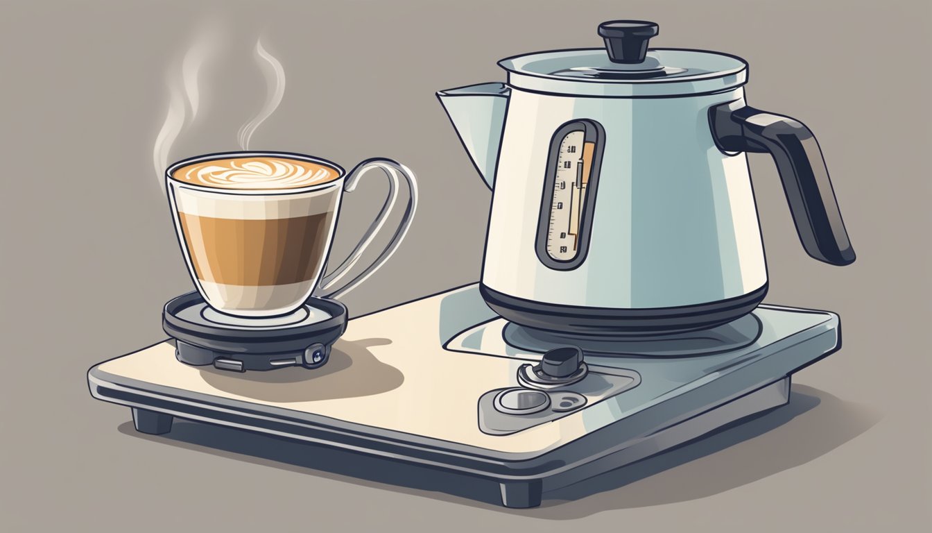 A latte being gently reheated in a small pot on a stovetop, with a thermometer monitoring the milk temperature