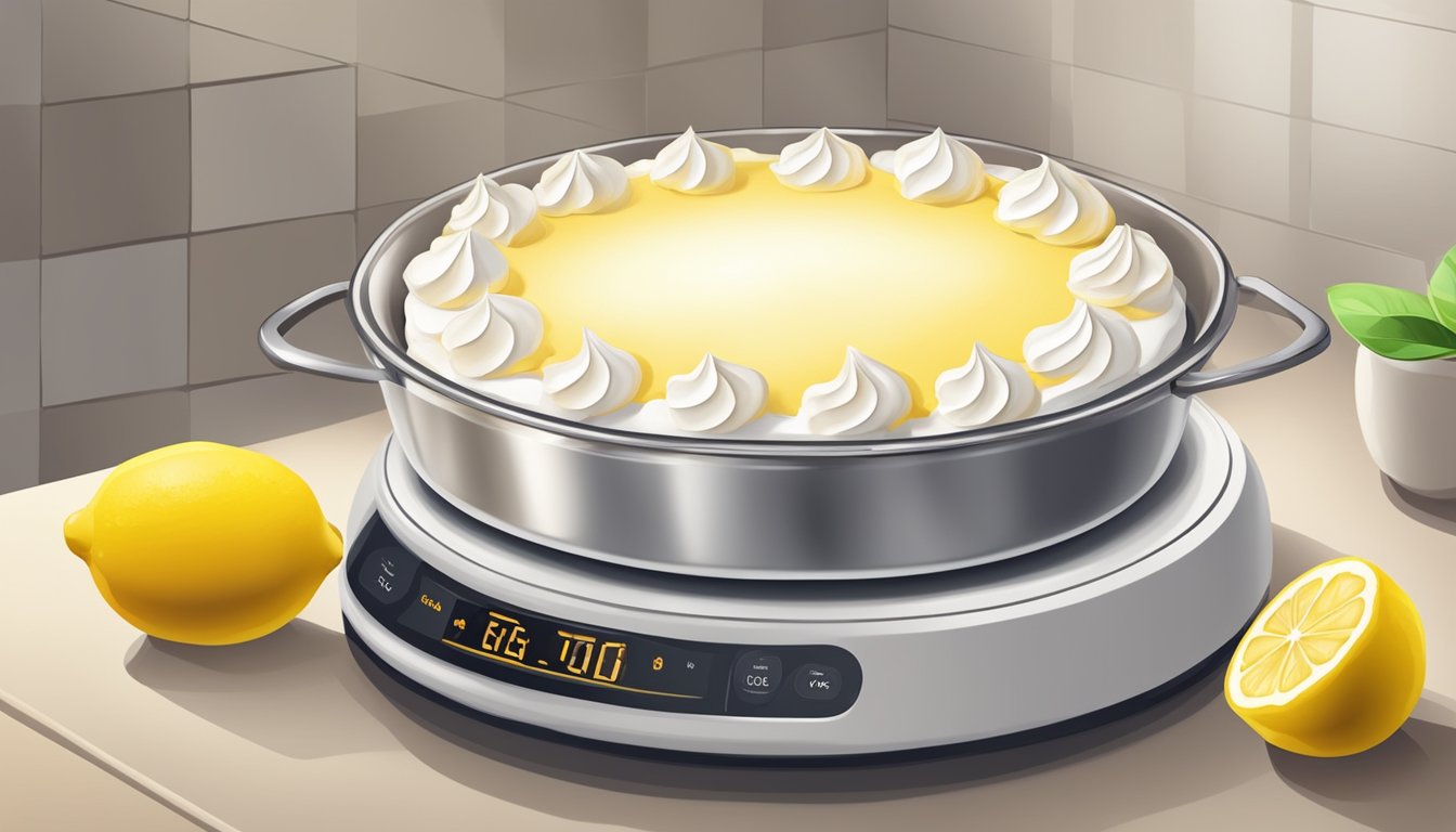 A lemon meringue pie is being reheated in the oven with a timer set for the recommended temperature and duration