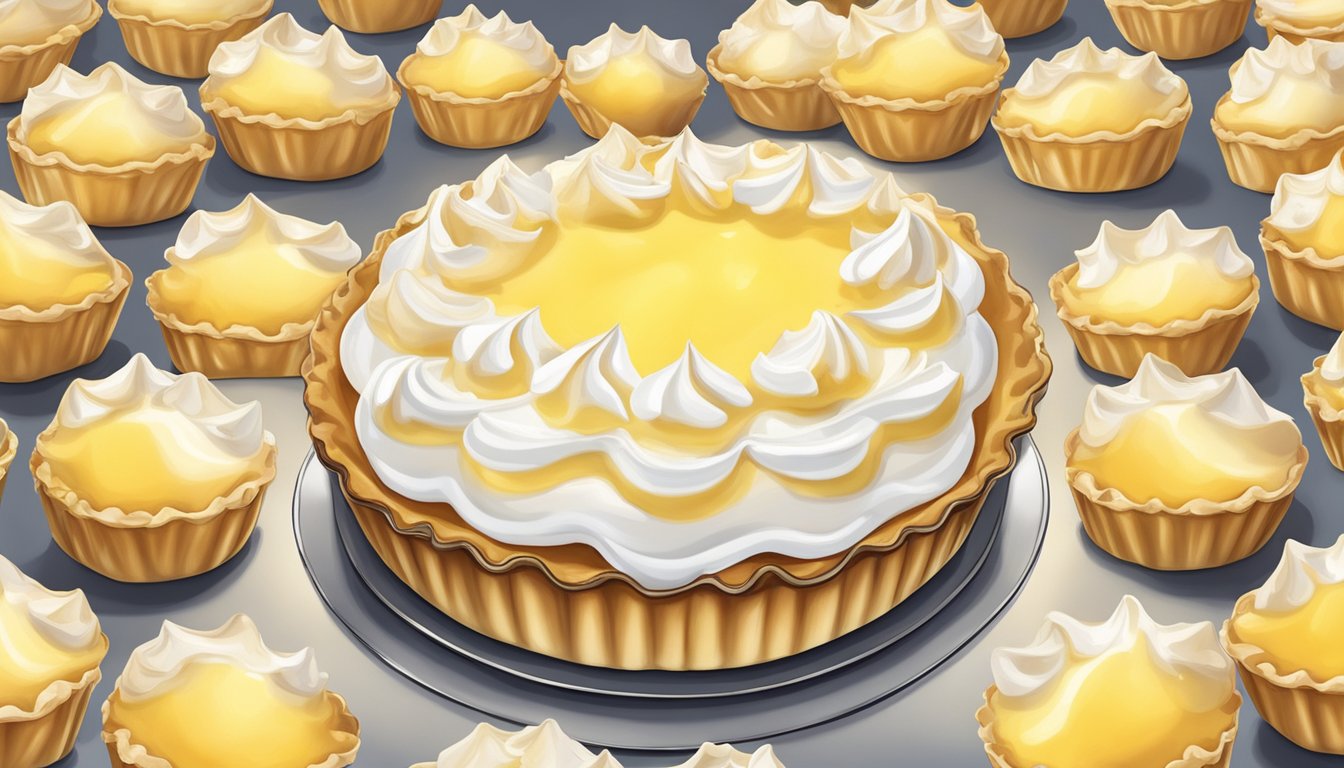 A slice of lemon meringue pie being gently warmed in the oven, with golden brown peaks of meringue glistening under the heat