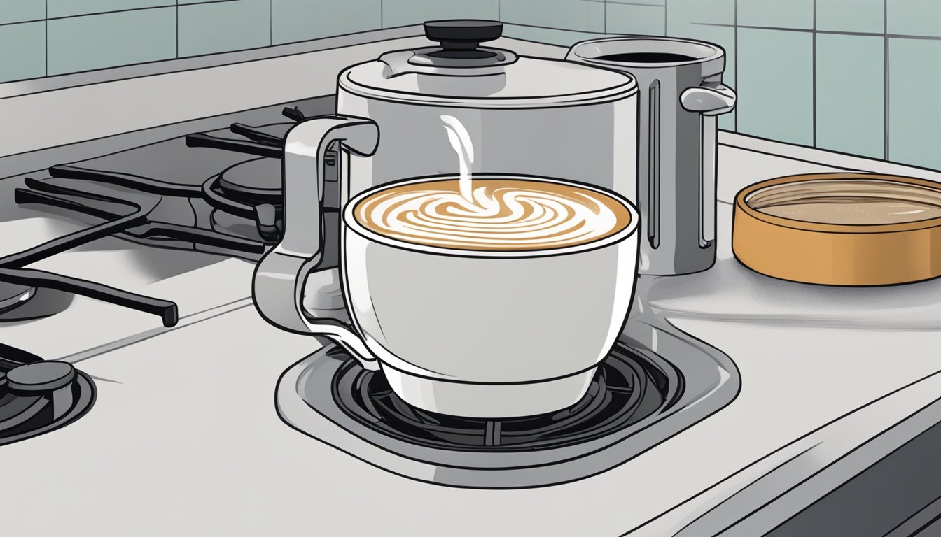 A latte sits on a stovetop, gently steaming as it is reheated in a small saucepan over low heat. A thermometer hovers above, ensuring the milk does not scald