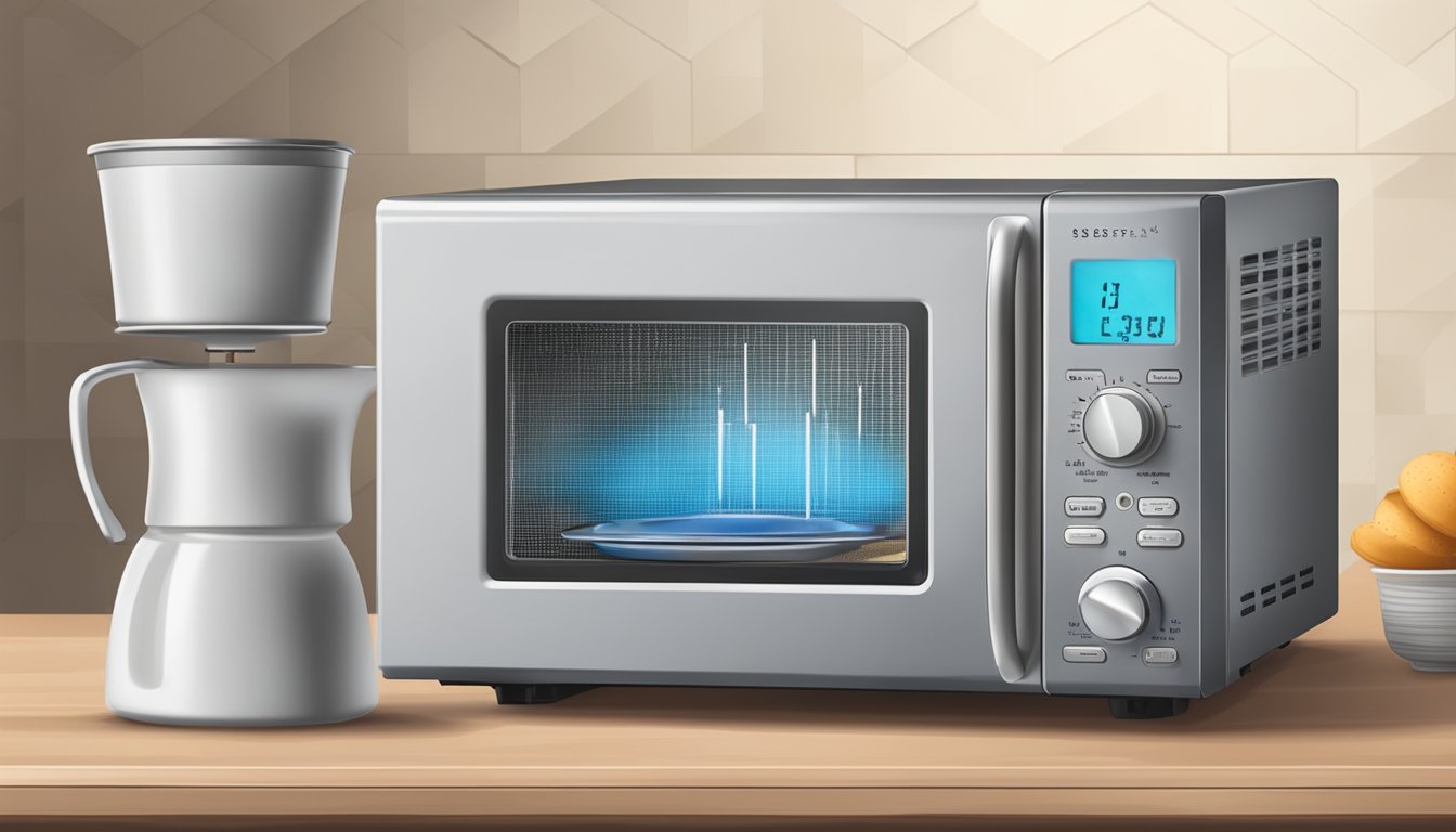 A microwave with a steaming latte inside, a timer set, and a thermometer to monitor the temperature