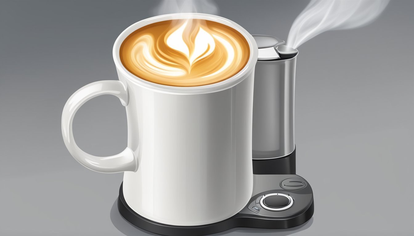 A latte mug sitting on a stovetop with a gentle flame underneath, a thermometer hovering over the milk, steam rising from the surface