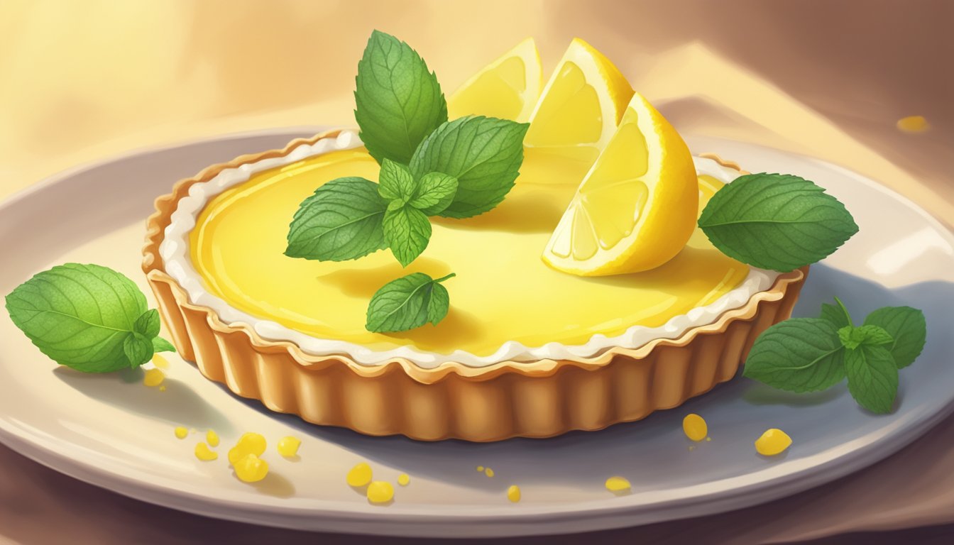 A lemon tart sitting on a delicate plate, surrounded by scattered lemon slices and a sprig of fresh mint, with a soft, warm glow emanating from the oven in the background