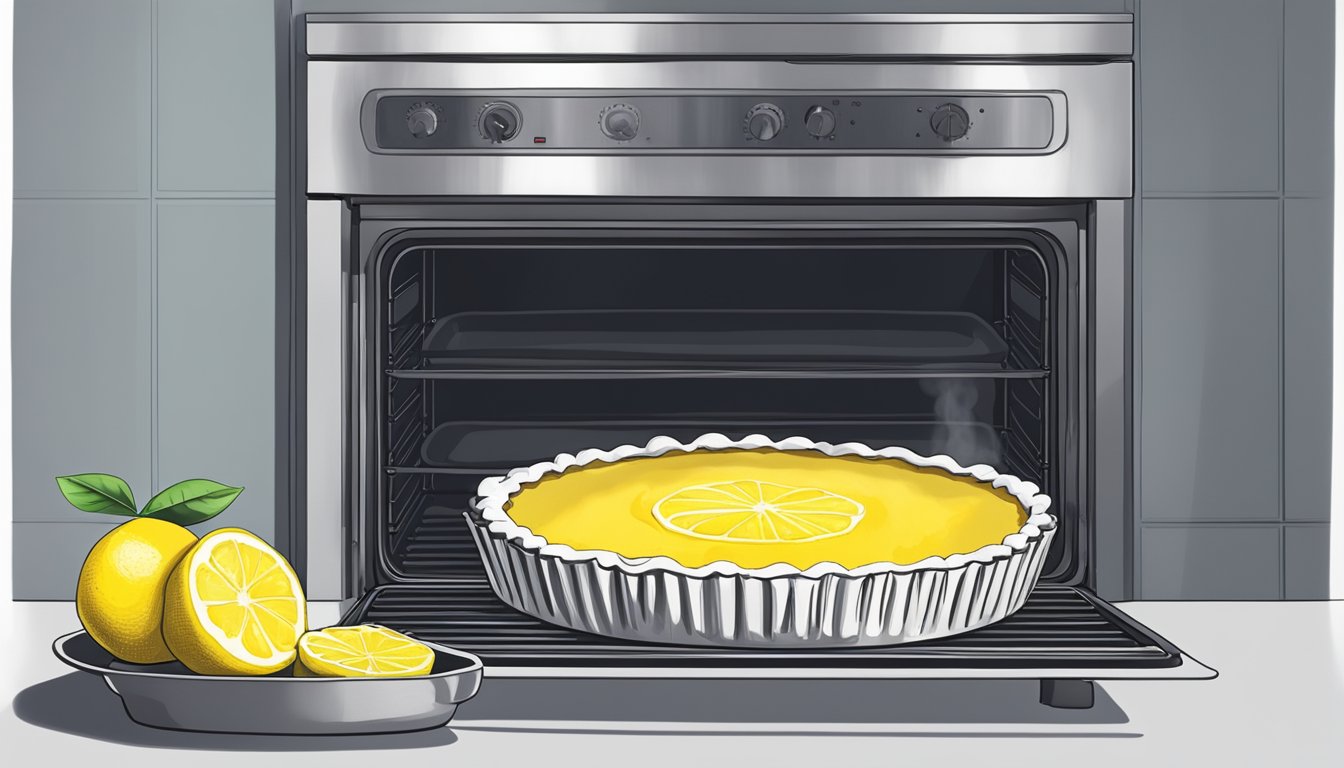 A lemon tart sitting on a baking sheet in front of an open oven, with steam rising from the oven as it preheats