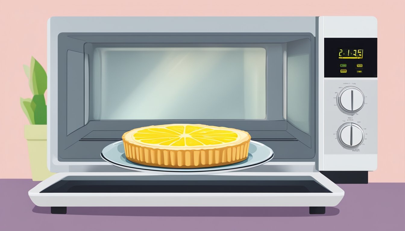 A lemon tart sits on a plate in a microwave. The microwave is set to reheat the tart, with the light on and the turntable spinning