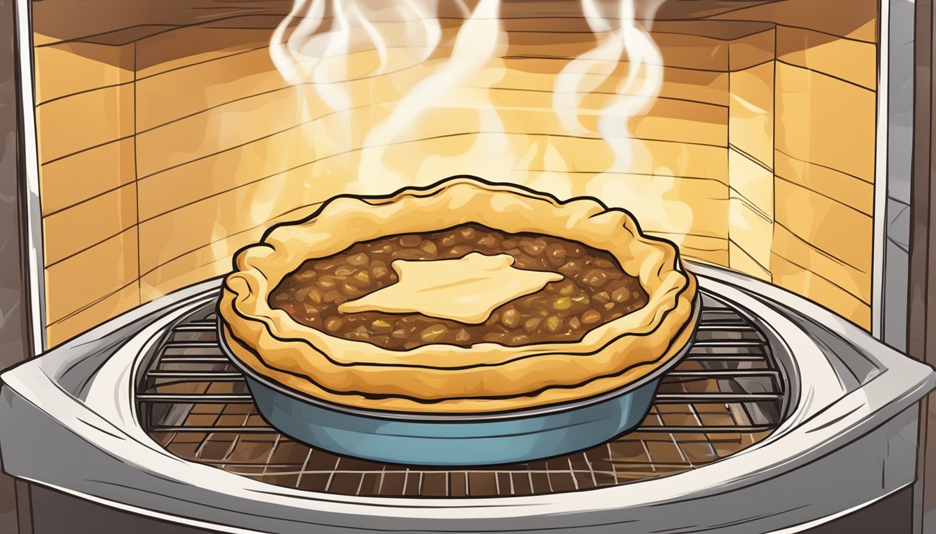 A meat pie being reheated in the oven, with steam rising and a golden, flaky crust