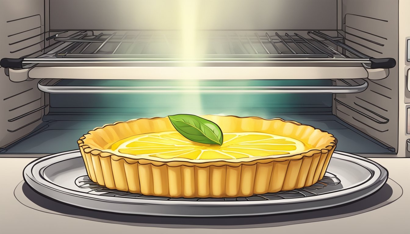 A lemon tart sits in a preheated oven, emitting a warm glow as it reheats to maintain its optimal flavors and textures