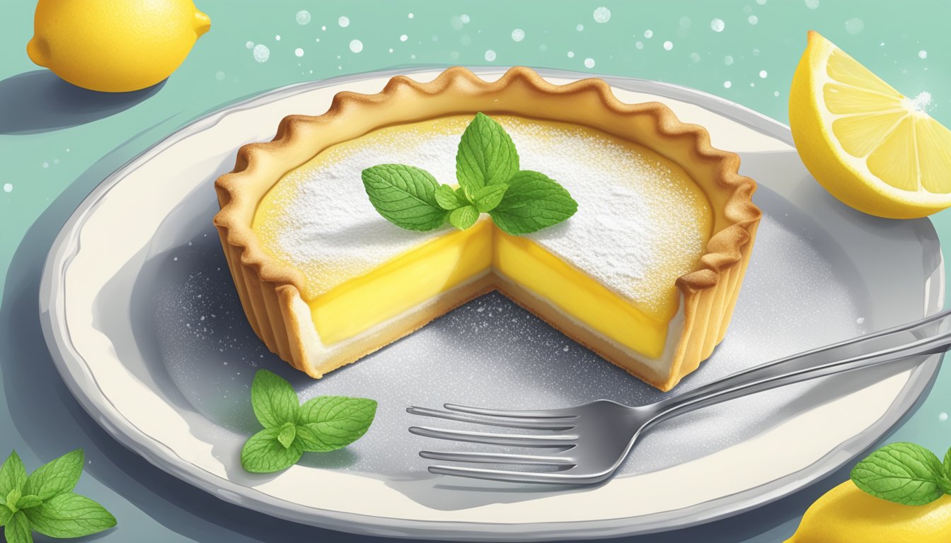 A lemon tart being gently reheated in the oven, then garnished with a dusting of powdered sugar and a sprig of fresh mint before being served on a delicate plate