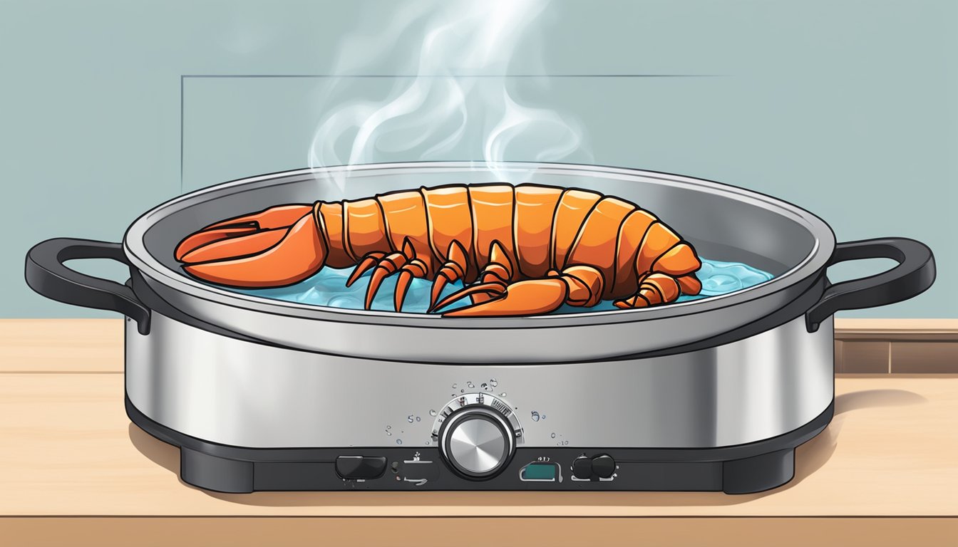 A lobster tail being gently reheated in a pot of simmering water, with a timer nearby and a pair of tongs resting on the counter